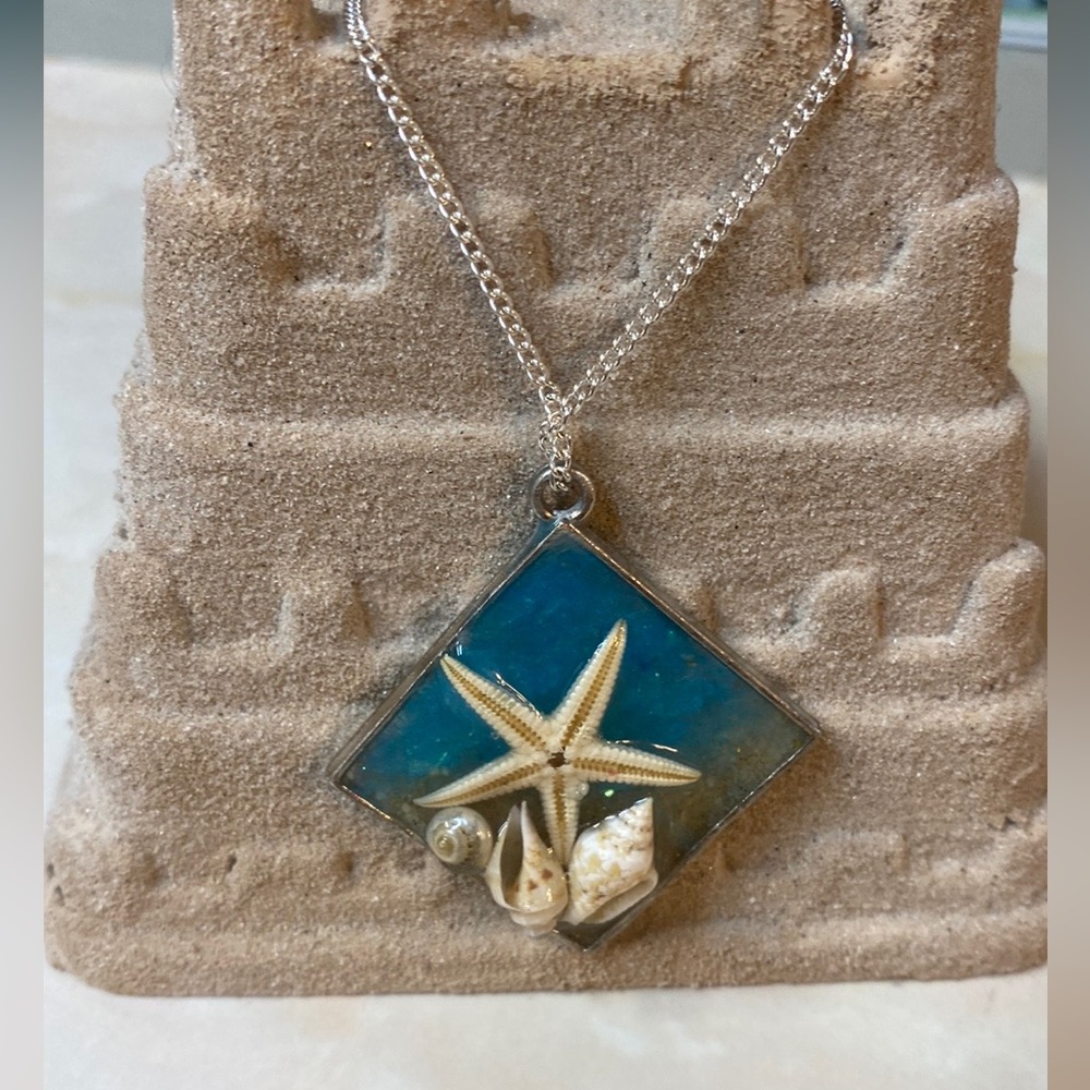 Starfish, Abalone Seashell, sparkling sand infused acrylic Pendant Necklace